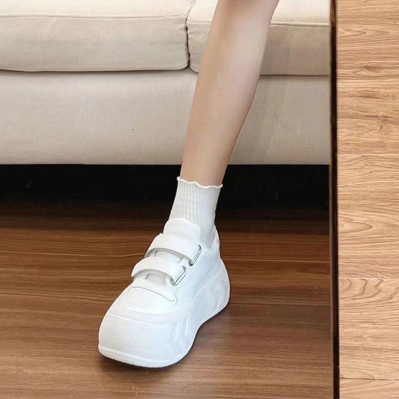 Velcro Big Head Platform Bread Shoes for Women 2025 Autumn New College Style Sports Leisure Height Increase White Shoes for Women