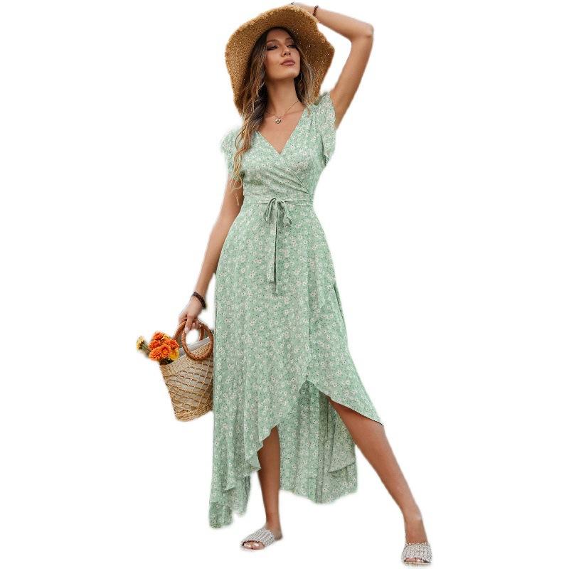 Summer Woman's Dress Bohemian V-neck Straps Large Hem Dress Vacation Dress