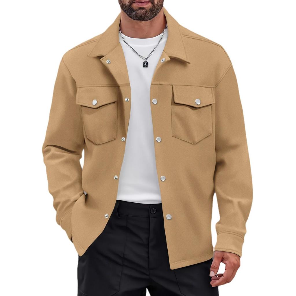 2024 Men's Casual Solid Color Single-Breasted Long-Sleeved Jacket - European & American Style.