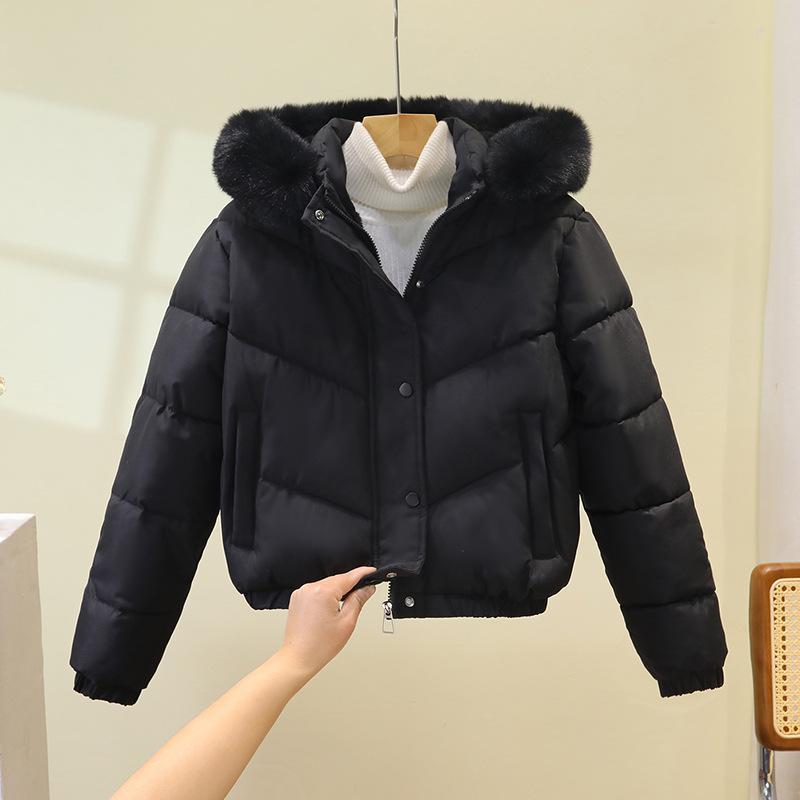 New Winter Cotton Coat for Women, Short, Fashionable, Large Fur Collar, Korean Style Loose Cotton Coat, Thickened Solid Color Hooded Jacket