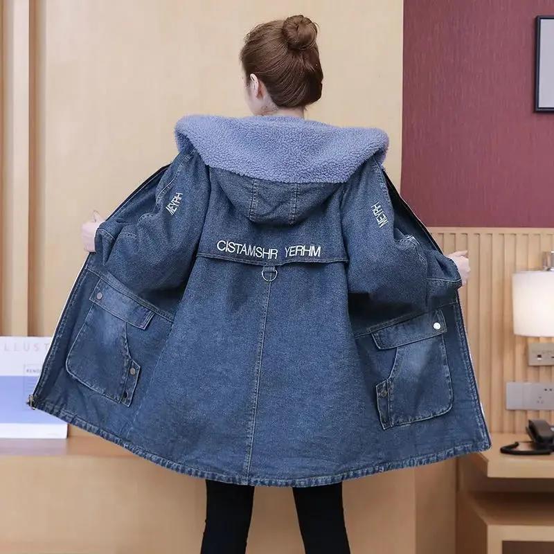 Women's Fall and Winter Plus Size Padded Warm Denim Jacket Ladies Medium-length Slim Hooded Outerwear