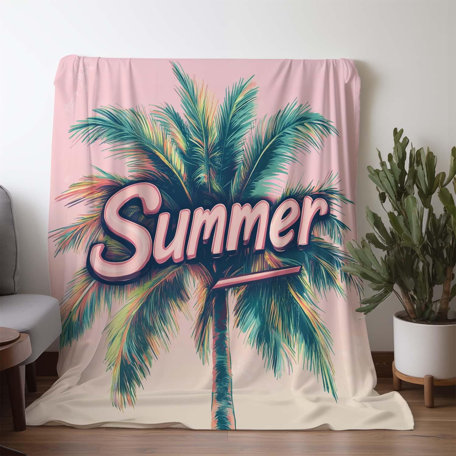 

1pc Sdoo Flannel Blanket - Tropical Palm Tree Summer Beach Throw in Pastel Pink, Soft Cozy All-Season Blanket for Couch, Bed, Tr 130x150cm