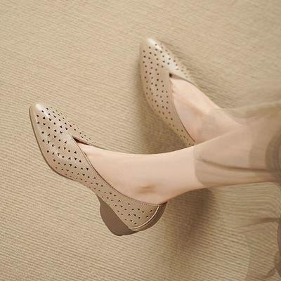 Damskie Buty na Koturnie ze Skóry Szpiczasty Nosek Wiosna Lato Nowe Płaskie Wsuwane Wycinane Miękka Podeszwa Retro Buty do Pracy Buty Codzienne