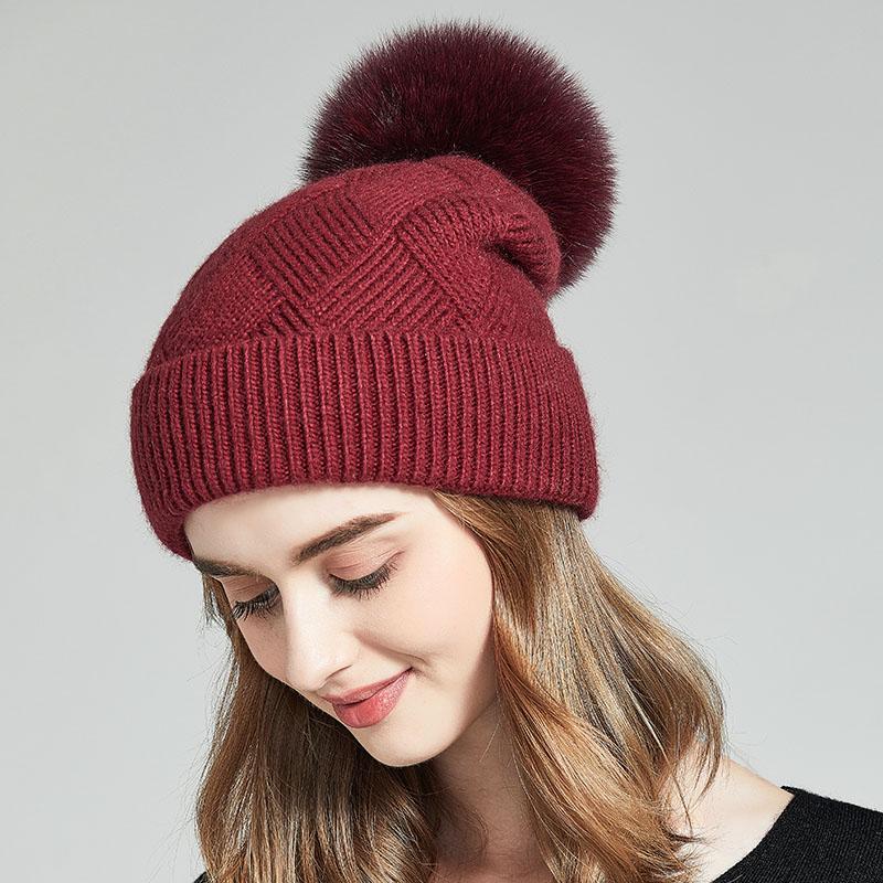 Winter Women Fur Pom Pom Knitted Beanie Hats  Warm Wool Cashmere Beanie Bobble Hat Factory