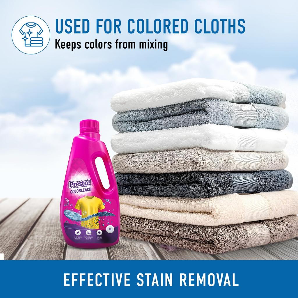 Amazon Brand - Presto! Colobleach 1L | Detergent Add-On Liquid | Effective Stain Remover | Brightens Colored Clothes