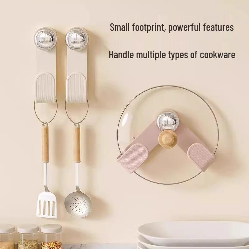 Wall-Mounted Rotating Pot Lid Organizer with Suction Cup, Punch-Free Kitchen Storage Rack for Hanging and Cutting Boards.