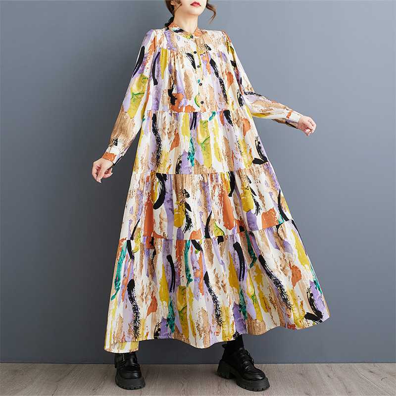 

Новое женское платье А-силуэта большого размера с круглым вырезом и длинными рукавами, плиссированное платье с большим подолом для женщин 0XL жёлтый