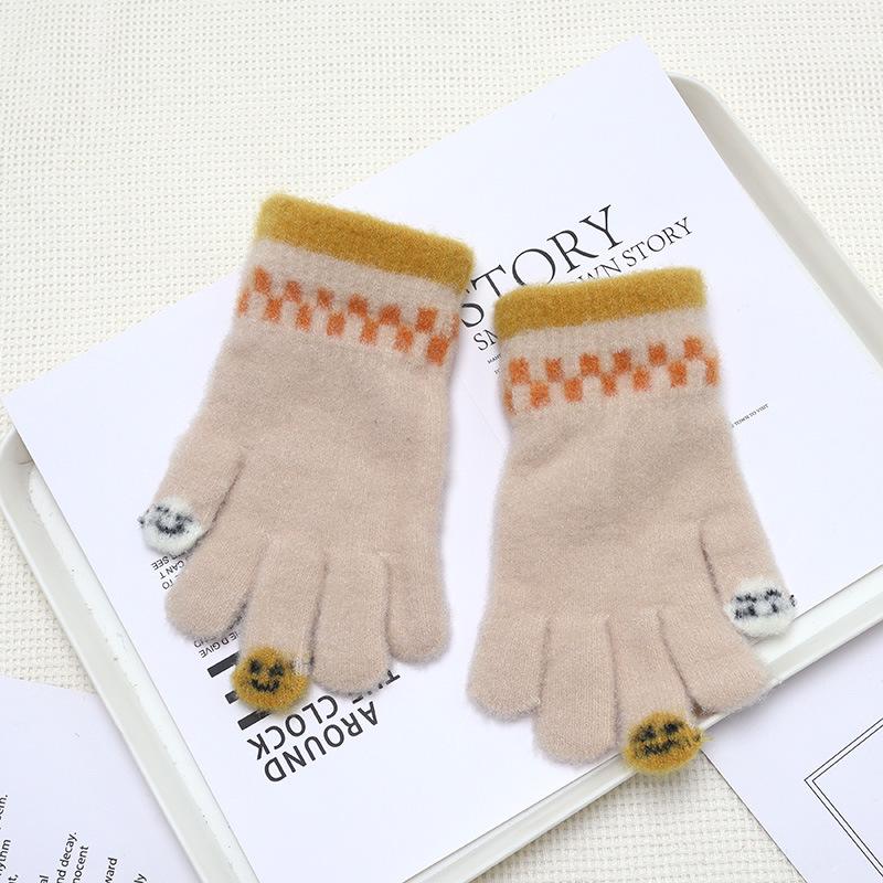 Zimní teplé kreslené kostkované rukavice pro děti - Pětiprsté, zesílené, odolné proti chladu, se smajlíkovým designem pro chlapce a dívky