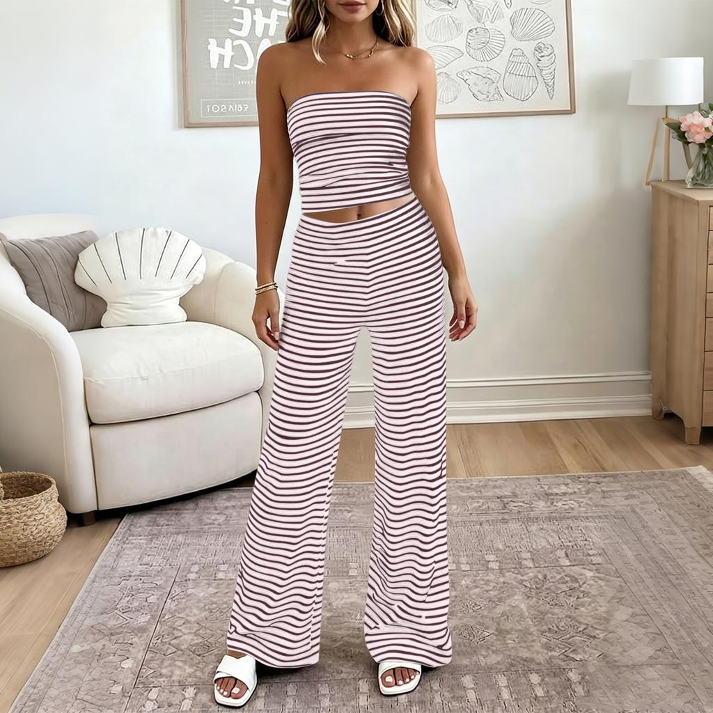Damen Casual Trägerloses Schlauchtop und Weite Hosen Set Elastischer Bund Zweiteiliges Loungewear Outfit für Urlaub und Zuhause