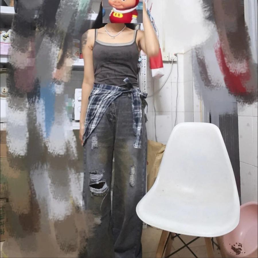 Kadın Büyük Beden Geniş Paça Kot Pantolon Yırtık Düz Denim Pantolon Moda Kombin Gömlek Uzatıcı Katmanlı Kıyafet Altları