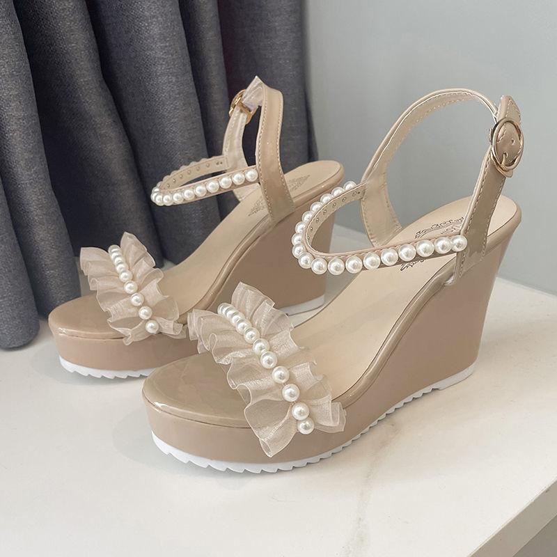 Pearl Women's Sandals Black Platform Ladies Shoes Lace Wedges Heel New Breathable Fashion Asian Size Pvc Wholesale High Quality