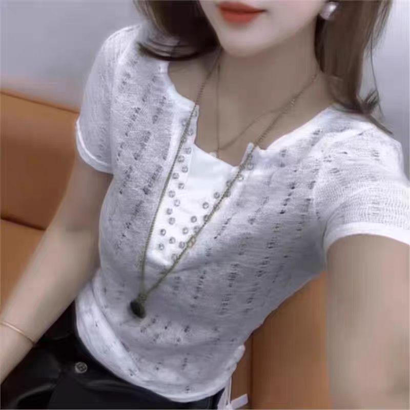 

French top 2025 summer new fake two pieces women s fashion hollow diamond V-neck thin short-sleeved T-shirt women 4XL білий