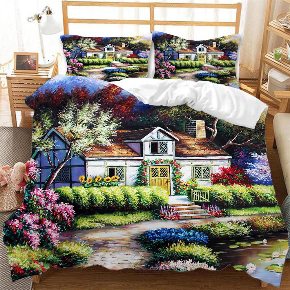 Painting Duvet Cover Set Beautiful Landscape Sun Lake Bridge Polyester Comforter Cover for Kid Boy Girl Artist Bedding Set King