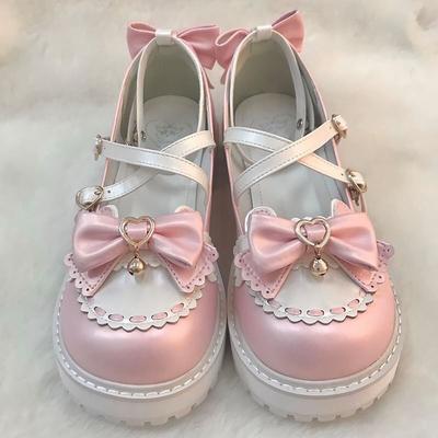 Fashion Lovely Girls Lolita Sweet Bowknots Platform Shoes,Students Cute Small Bell Heart Shaped Straps Flat Elevator Shoes Mary Janes