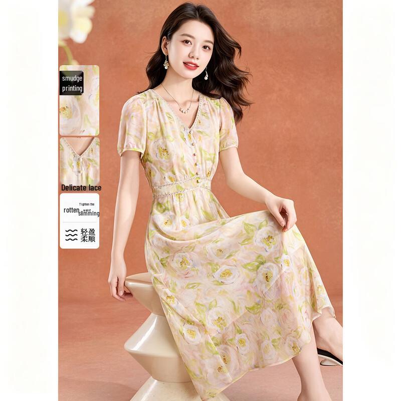 Elegant Champagne Floral Puff Sleeve A-Line Summer Dress