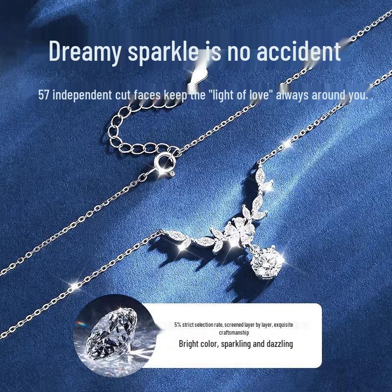 S925 Sterling Silver Moissanite Tassel Laurel Pendant Clavicle Chain Necklace with Fresh Flower Branch Design for Women