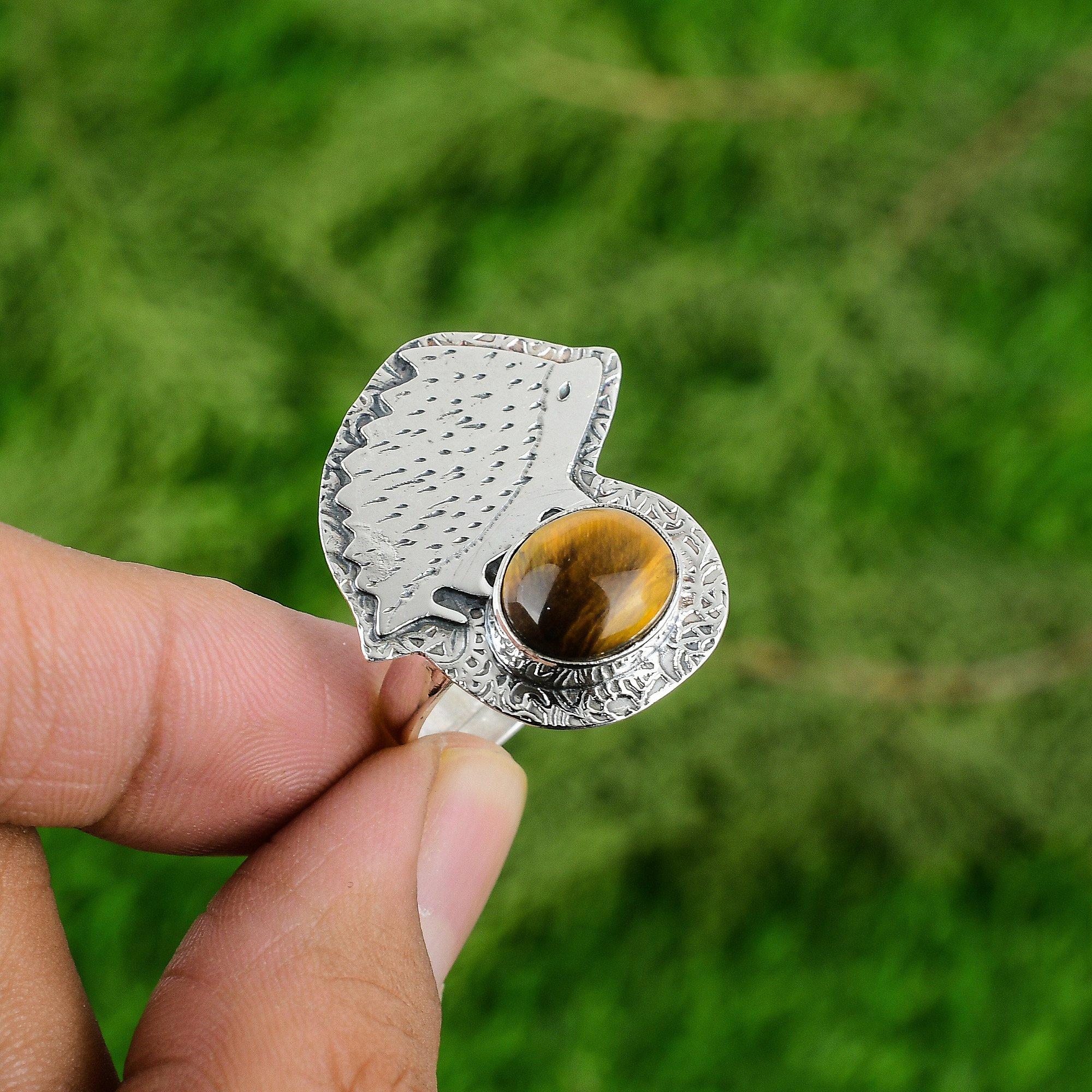 

925 Silver Oval Tigers Eye Gemstone Wedding Stackable Statement Ring Jewelry Adjustable