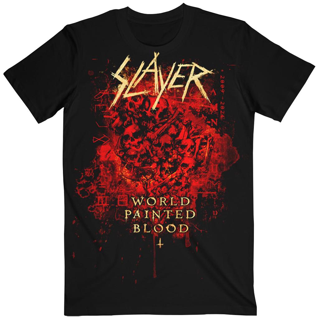 Mroczna Koszulka Graficzna Slayer – Czerwone Logo i Nadruk Czaszki/Orła Antysymbol Bawełniana Odzież dla Fanów Thrash Metalu