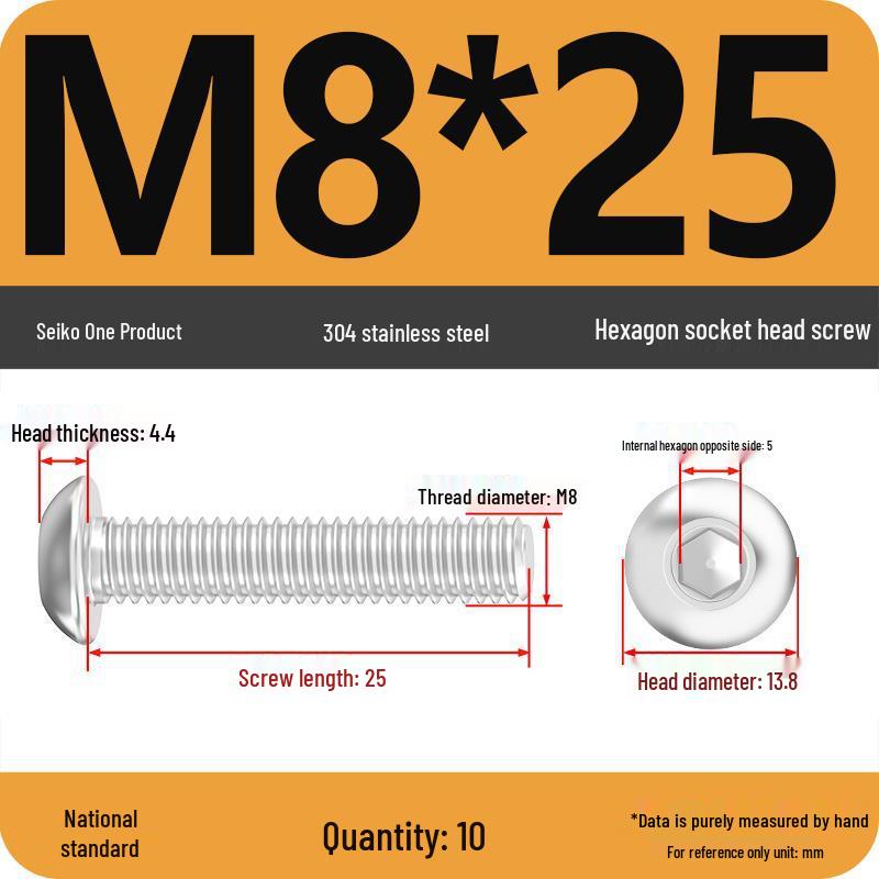 304 Stainless Steel Pan, Half, and Round Head Hexagon Screws (M2-M12)