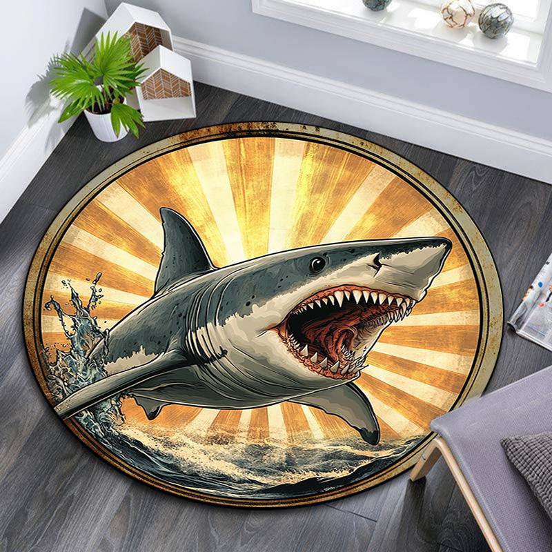 Great White Shark Round Area Rug,Carpet Rug for Living Room Bedroom Sofa Playroom Decor,Non-slip Floor Mat
