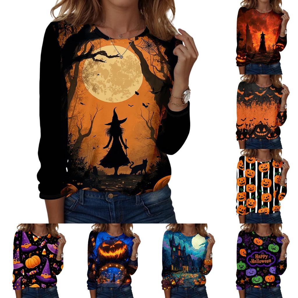 Women's Halloween Print Pullover Sweatshirt Long Sleeve Crew Neck Casual Top Comfortable Fit Seasonal Design