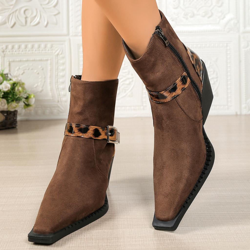 Leopard Print Thick Heel Pointed Toe Buckle Boots for Women Autumn 2025 New Side Zipper Retro High-heeled Short Boots