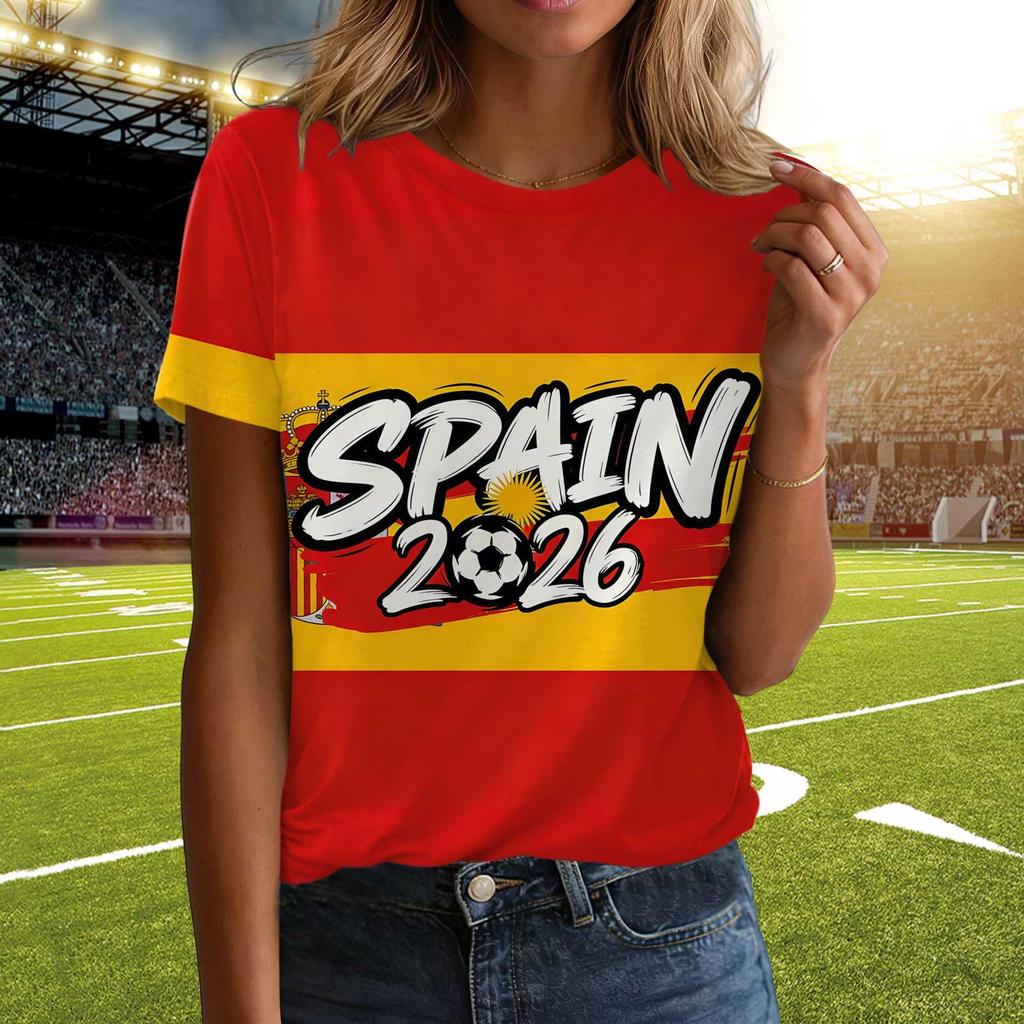 Women Casual Pullover T Shirt Short Sleeve Crew Neck Letter Print Top for Spain 2026 Soccer Support Fans