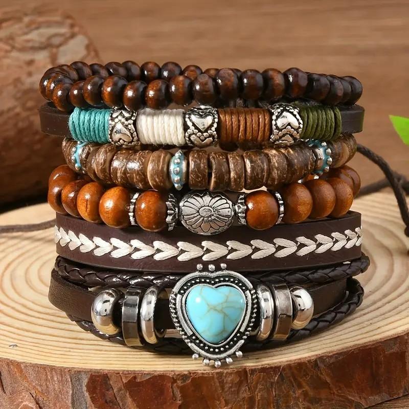 TEMU Xiyin Европейский и американский ретро набор из 6 штук деревянных и каменных бусин, браслет ретро мужской набор браслетов