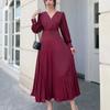 Women Slim Pleated Maxi Dress with Belt Female Streetwear Vintage Dress Tie Front Dress  Robe