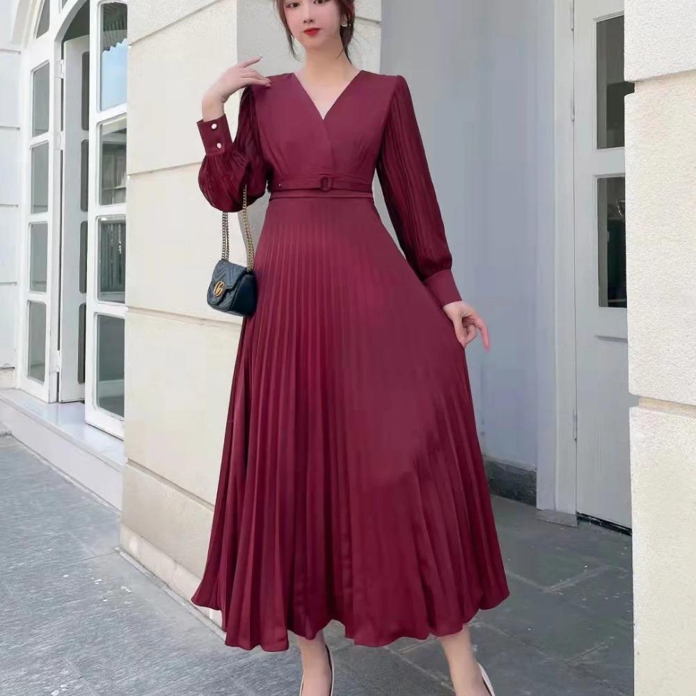 Women Slim Pleated Maxi Dress with Belt Female Streetwear Vintage Dress Tie Front Dress  Robe