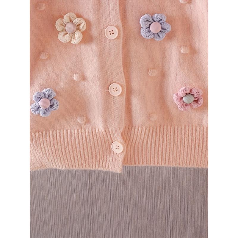 Girls' Embroidered 3D Floral Cardigan Sweater - Soft Pink Pastel Pastel Knit with Blue & Purple Flowers, Machine Washable Round Neck Long Sleeve