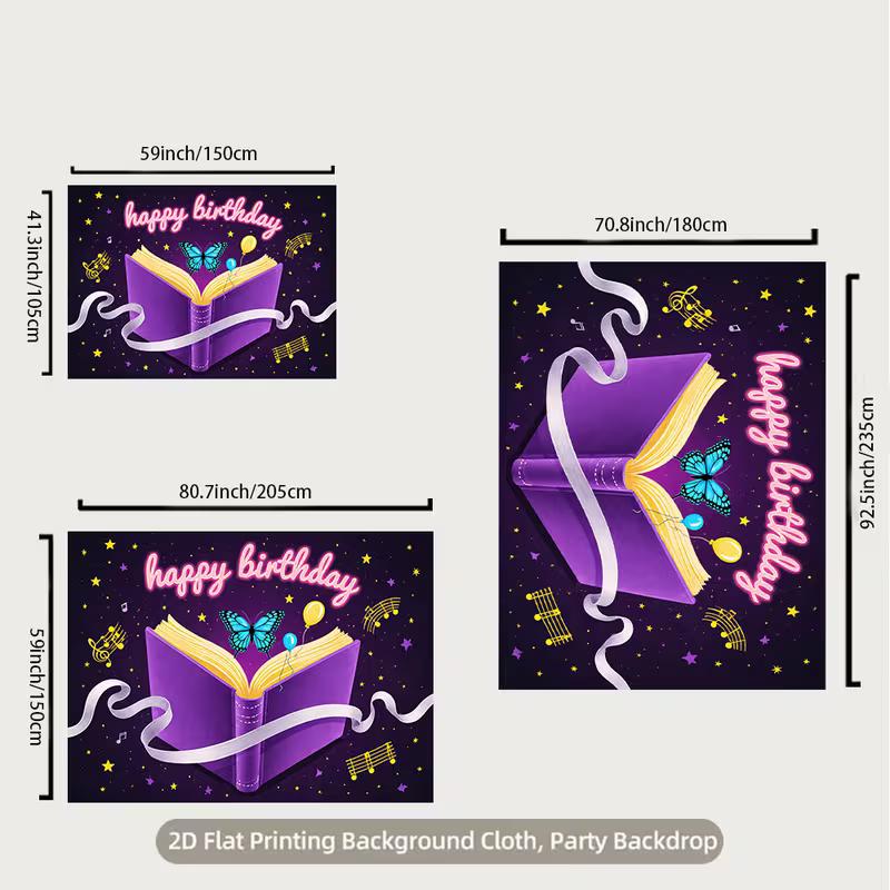 2D Purple Book Backdrop Happy Birthday for Book Lover Magical Themed Photo Booth Background