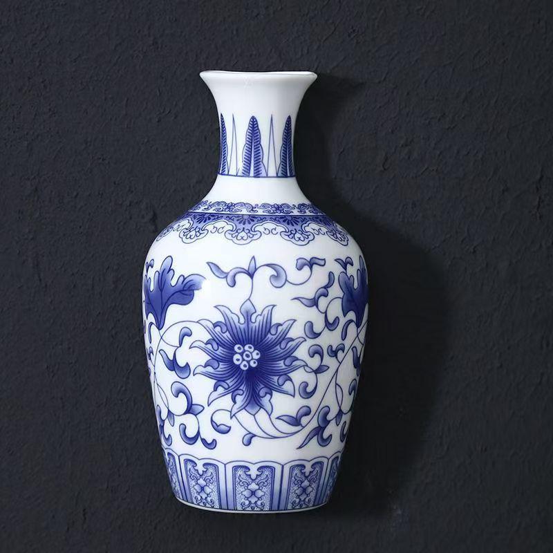 Blue and White Porcelain Chinese Zen Wall Vase - Ceramic Hanging Ornament for Office or Home Decor