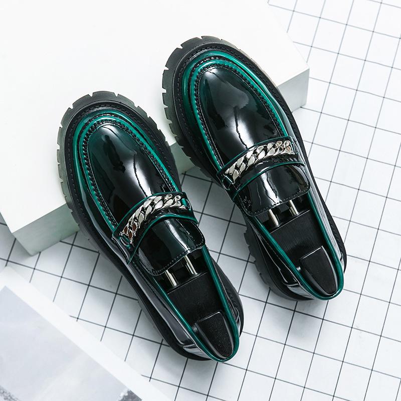 2024 Men's Shiny Patent Leather Loafers with Thick Sole and Height-Boosting Chunky Heel