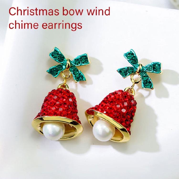 Holiday Season Dangle Earrings Christmas Bowknot Bell Shaped Ear Rings with Rhinestones and Pearls Women Ornaments