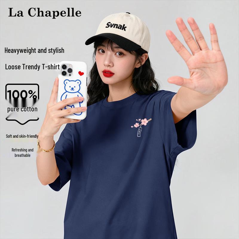 La Chapelle Women s Cherry Blossom Cat Print Cotton Tee L