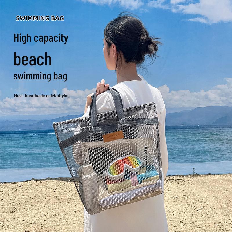 Large Unisex Mesh Beach Bag with Foldable Design and Pocket