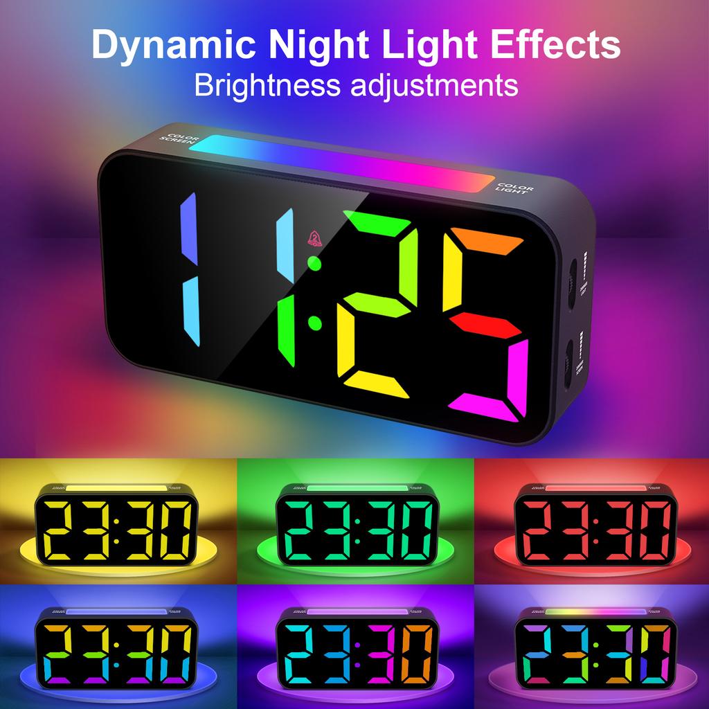 RGB Night Light LED Alarm Clock with Mood Light 2 Alarms with Vibrator Digital Night Light Clock Bell USB Power