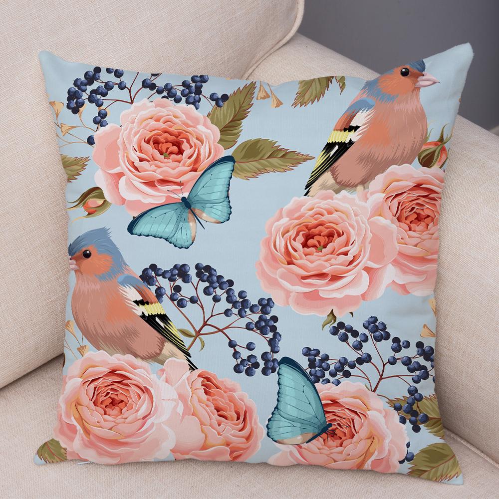Nordicstyle Roses and Birds Cushion Cover Double Print Decor Plant Pillow Case Soft Plush Pillowcase for Sofa Home Children Room