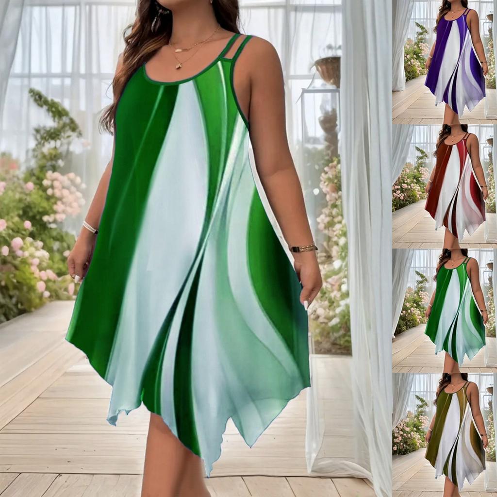 Women's Loose Casual Printed Summer Asymmetric Hem Round Neck Dress