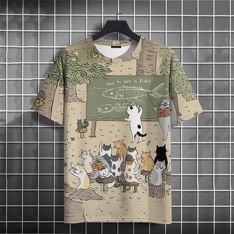 Summer Round Neck 3D Funny Cat Print Top Fashionable Casual Short Sleeved Men's T-shirts