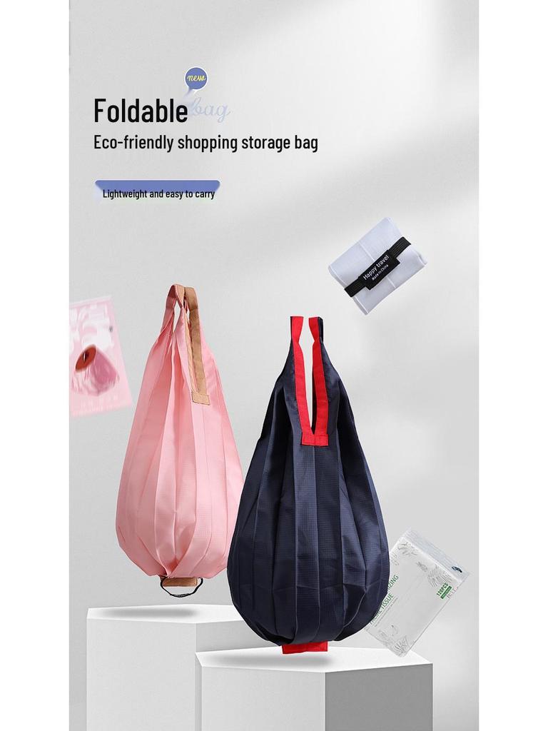 Eco-Friendly Foldable Shopping Bag: Large Capacity, Ultra-Light, Accordion Pleat Design with Hanging Buckle for Travel.