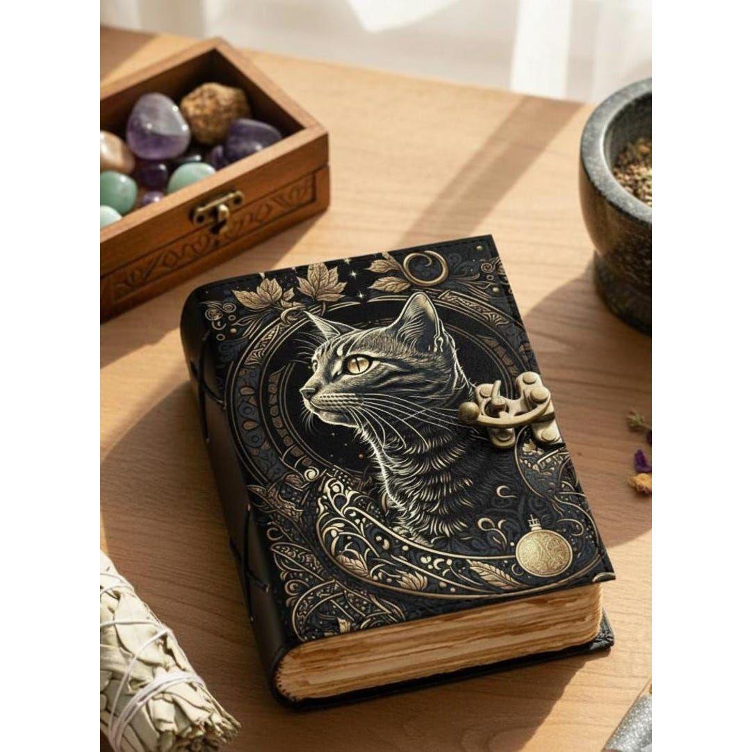 

Handmade Leather Cat Journal: Gothic Grimoire Book of Shadows, Small Leathers Gift 7 x 5 inch / 100 Page
