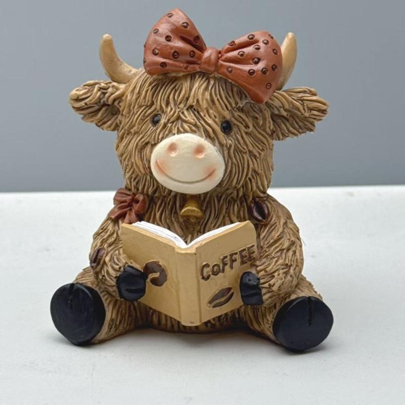 Coffee Highlands Cow Figurines Farmhouse Decors,Resins Animal Statue Table Ornament Garden Bookshelfs Decors Calf Lover