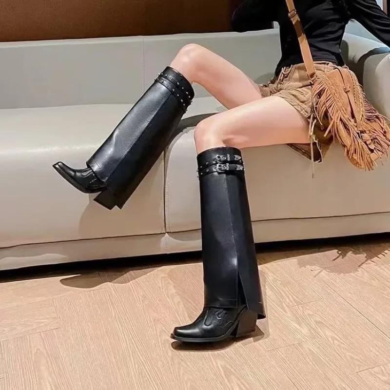 Designer Gladiator Chelsea Boots Women Autumn  Knee High Western Shoes Women Pointed-Toe Fashion Buckle Mid Heels Botas