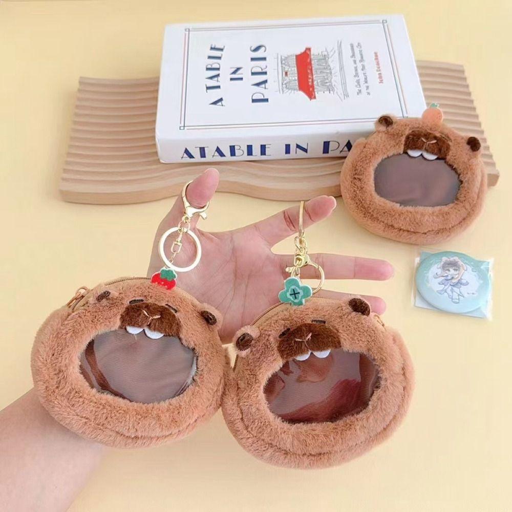 PP Cotton Capybara Zero Wallet Creative Transparent Badge Bag Gift Plush Doll Pendant  Kids