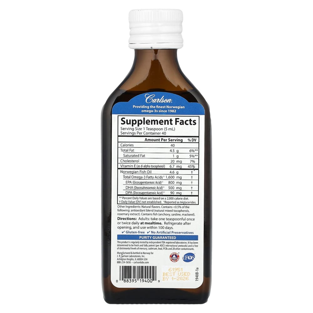 Carlson Labs The Very Finest Fish Oil, Just Peachie, 1600mg, 200ml (6.7 fl oz)