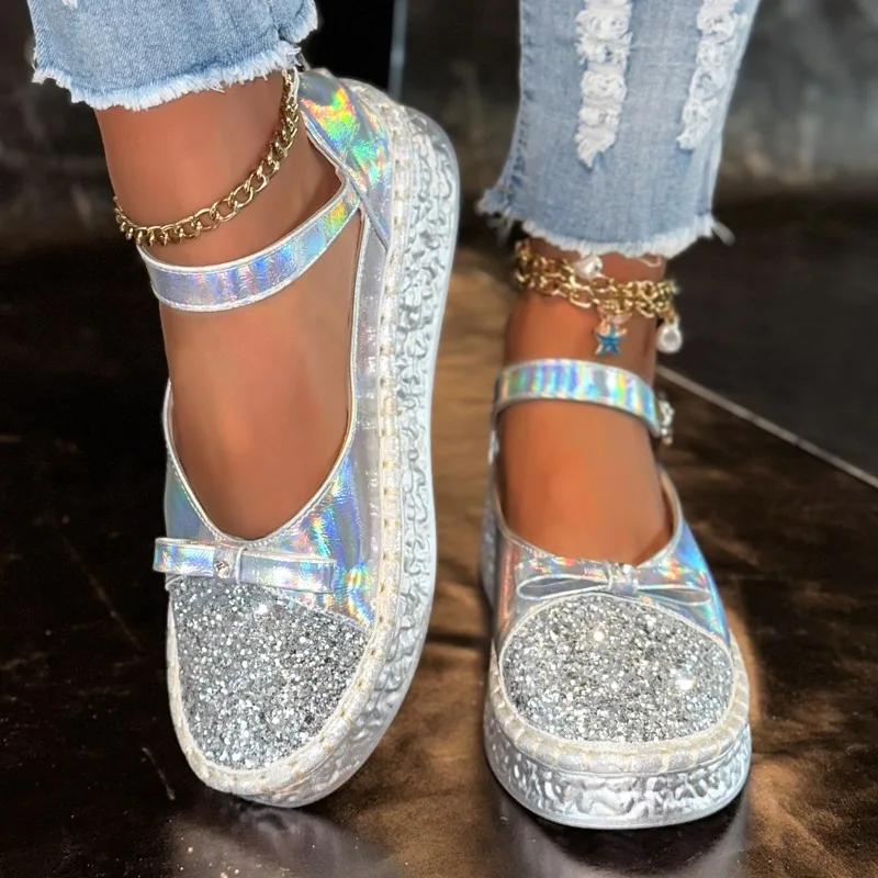 Fashion 2025 Fashion Ladies Shoes Buckle Strap Women's Vulcanize Shoes New Sequins Outdoor Casual Best Seller Plus Size Flat Low Heels