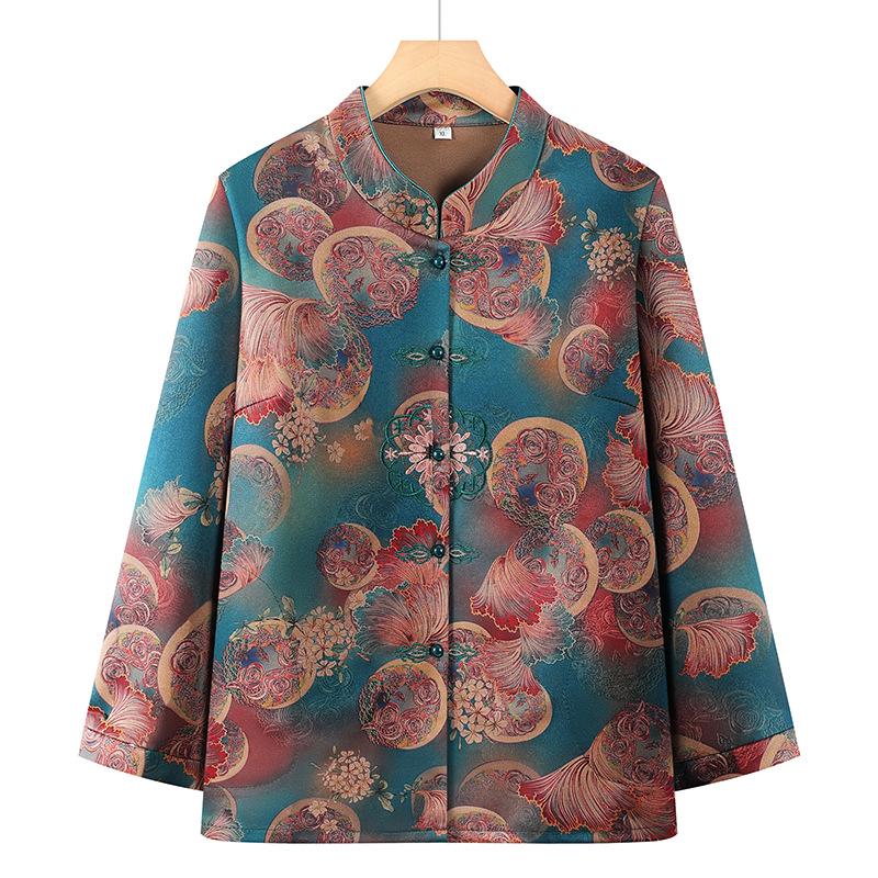 

Mother s Day Floral Nine-Sleeve Top for Moms - Spring/Summer Chinese Style Shirt for Middle-aged and Elderly Women XL (recommended for 85-100 lbs) синій