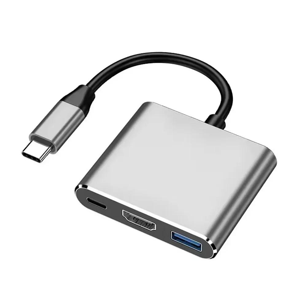 

3 In 1 USB C Hub With 4K USB 3.0 Type-c to HDMI Square Portable for Macbook iPad Samsung S10 Dex TV Projector Laptop Mouse сірий